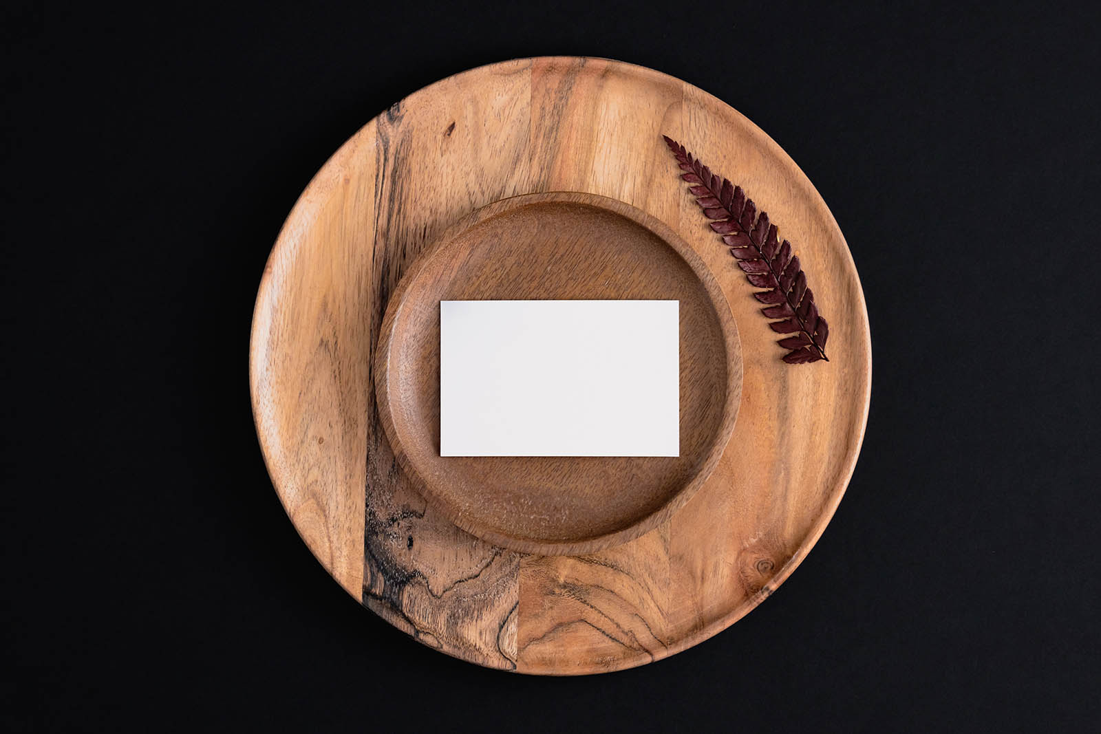 Business cards on wood tray mockup