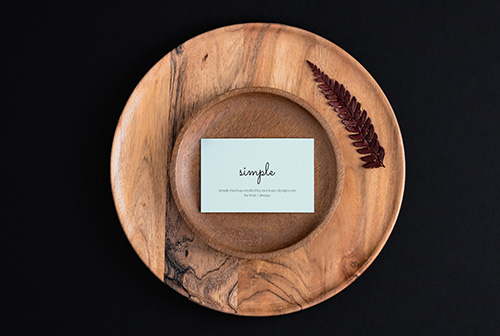 Business cards on wood tray mockup