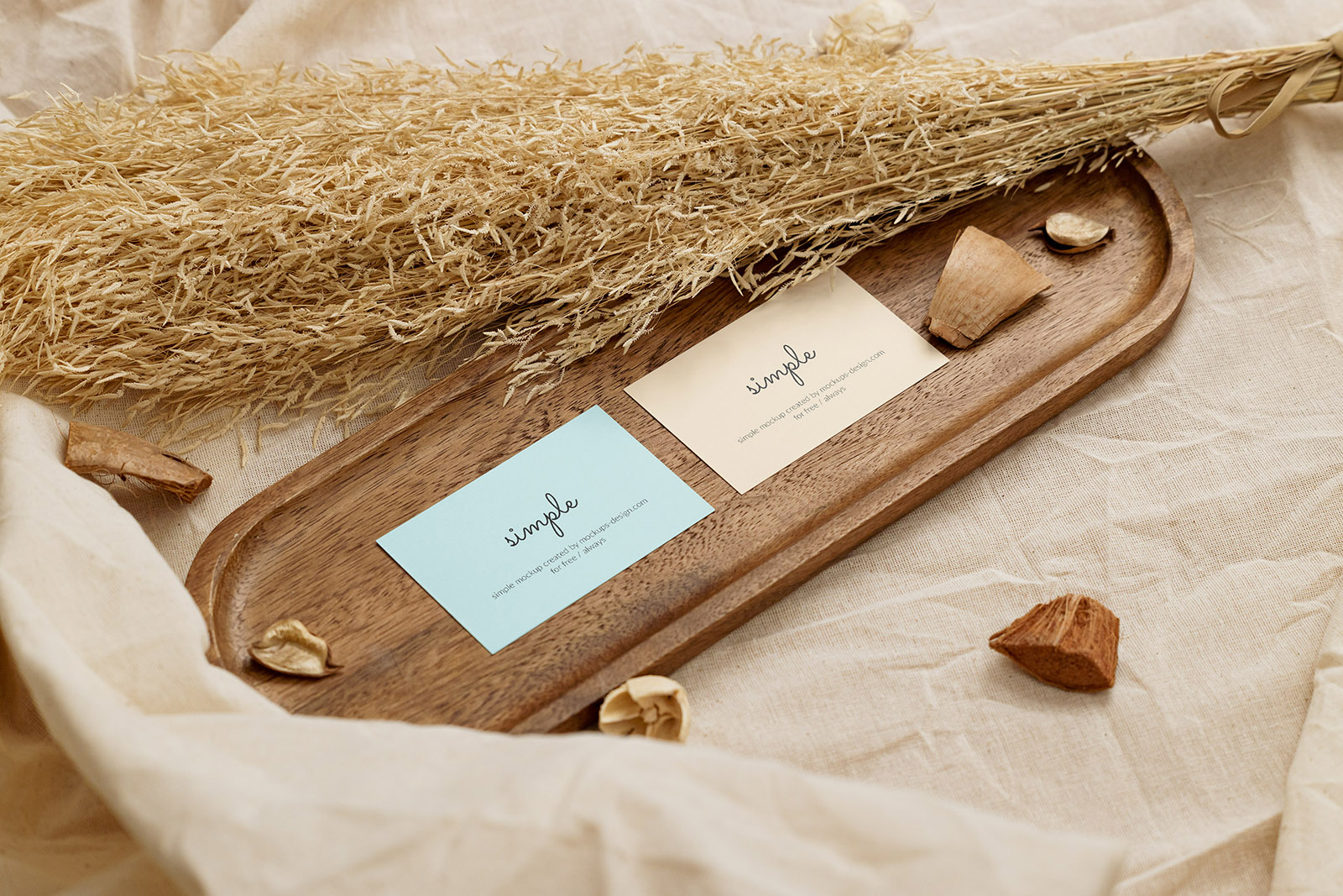 Two business cards in wooden tray mockup