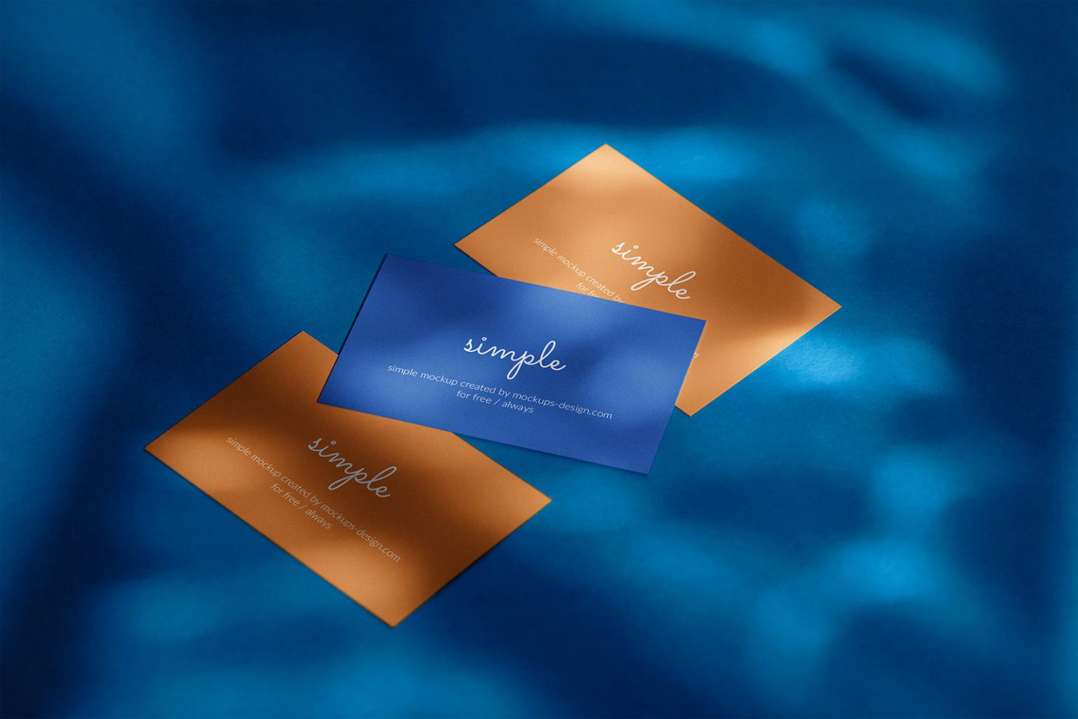 Three business cards on blue background mockup - Mockups Design