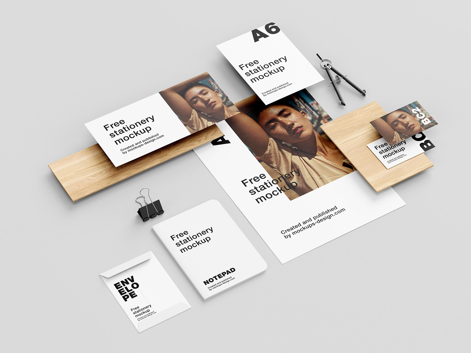 Stationery with wood elements mockup