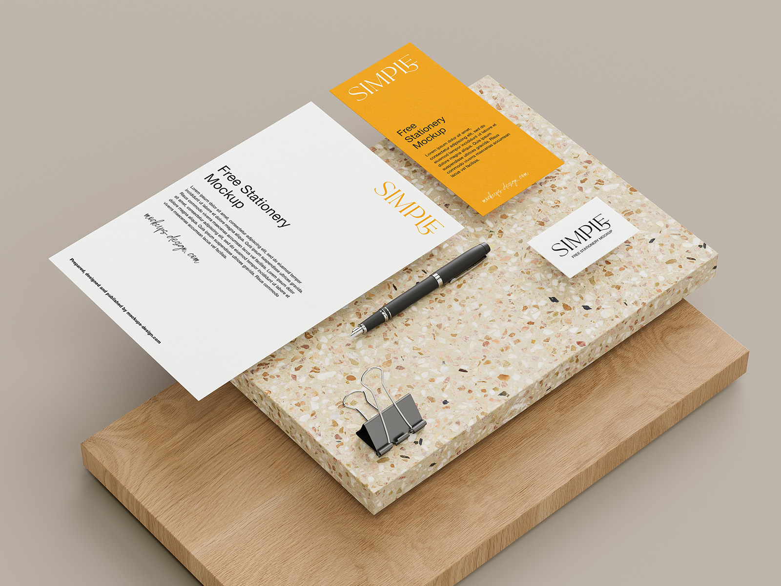 Stationery with wood and stone tiles mockup