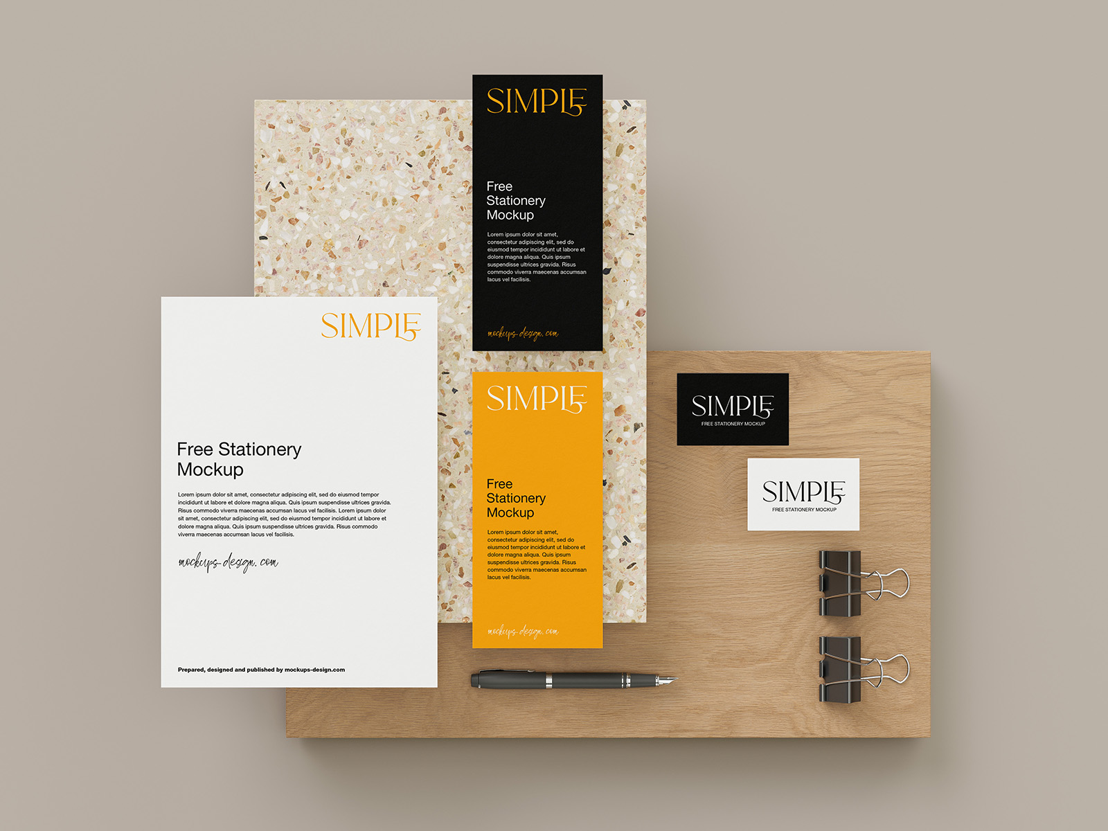 Stationery with wood and stone tiles mockup