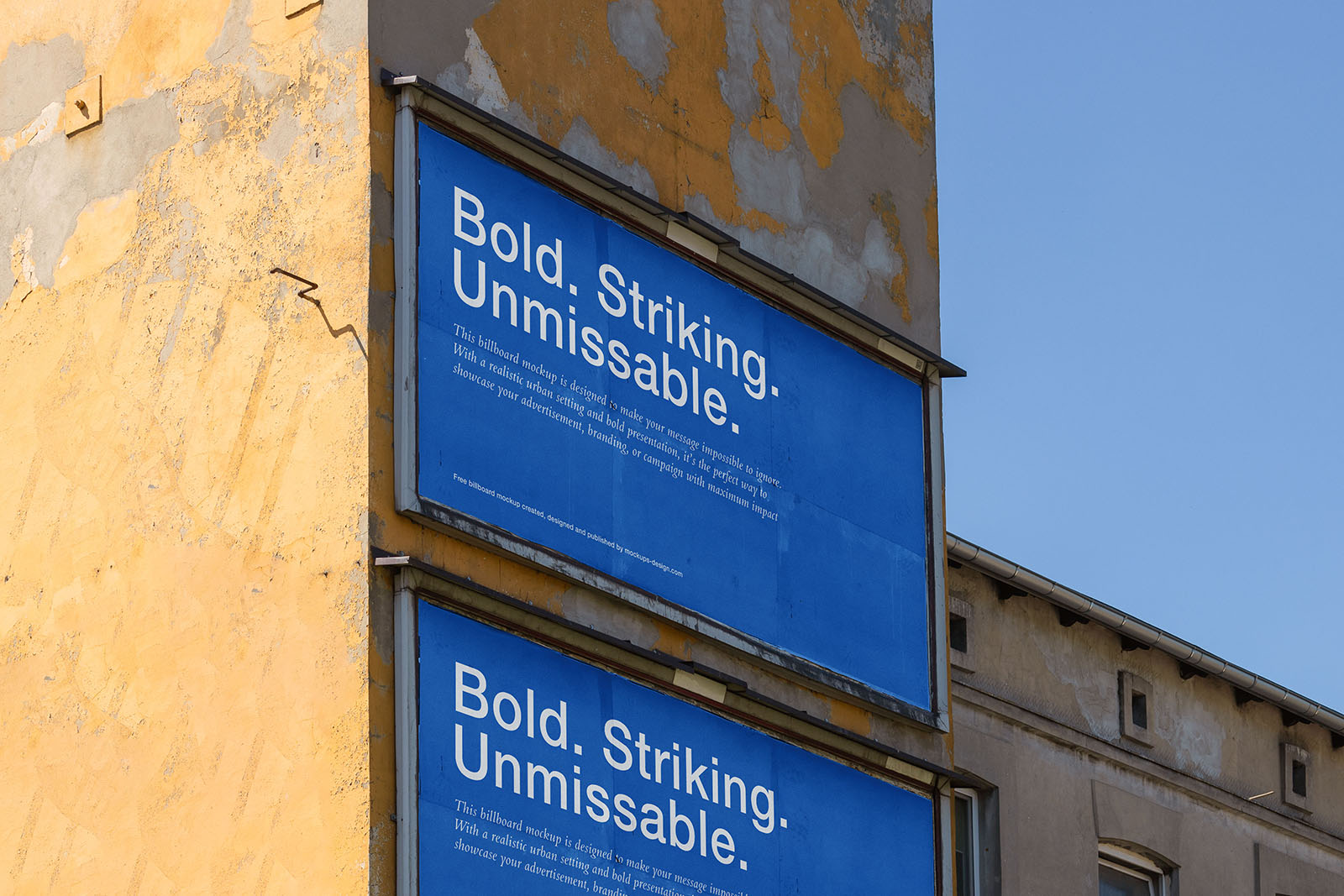 Billboards on old damaged building mockup