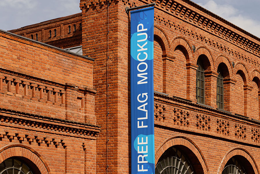 Brick wall mounted flag mockup