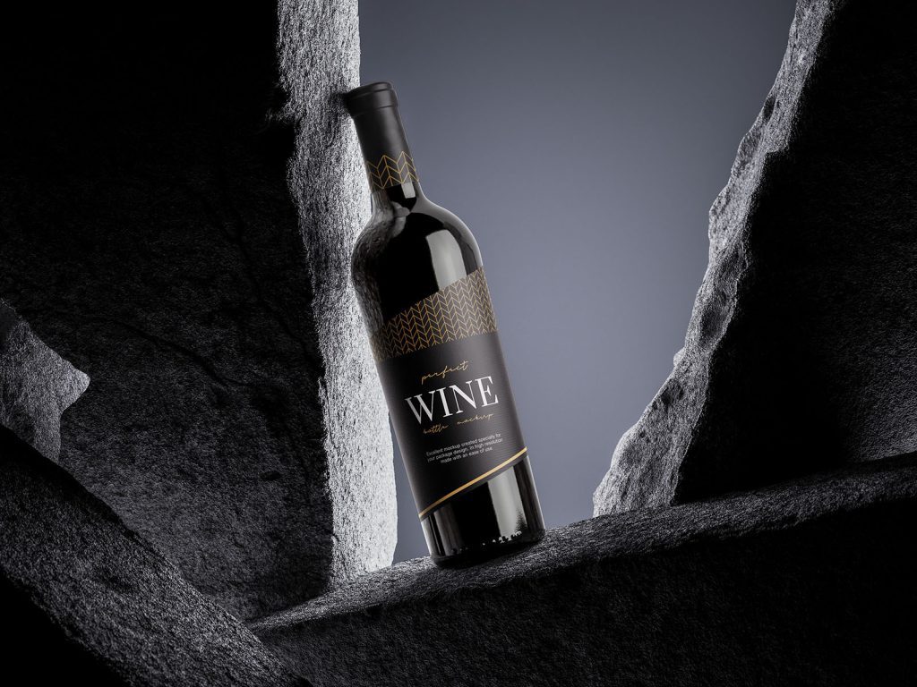 Wine bottle on the rock mockup - Mockups Design