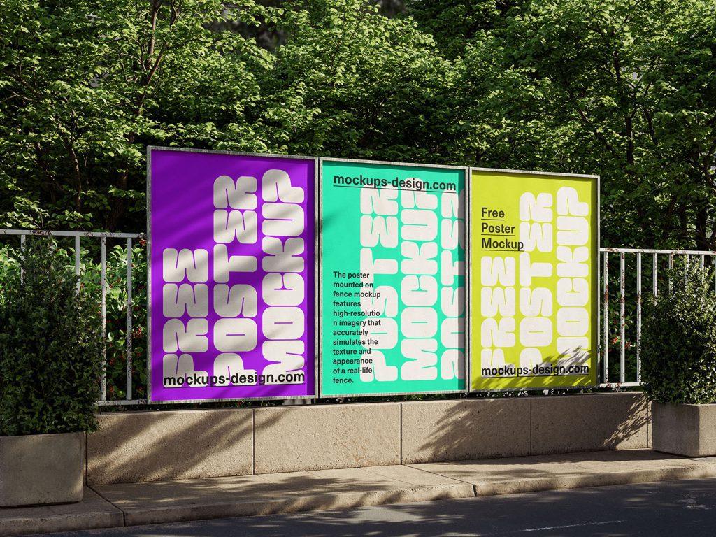 Three posters on fence mockup - Instant Download