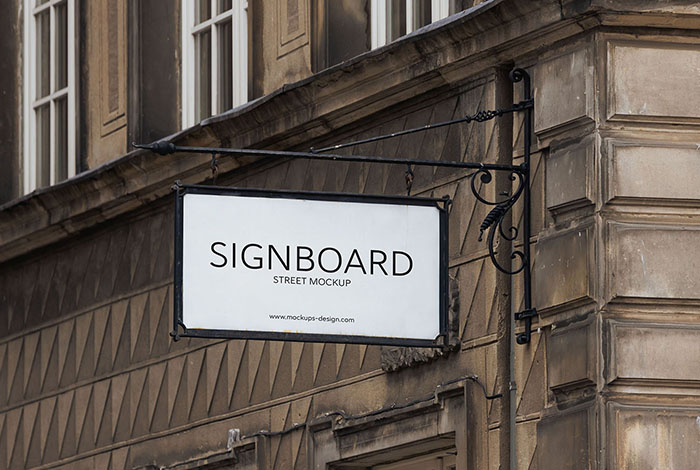 Signboard on old dark building mockup