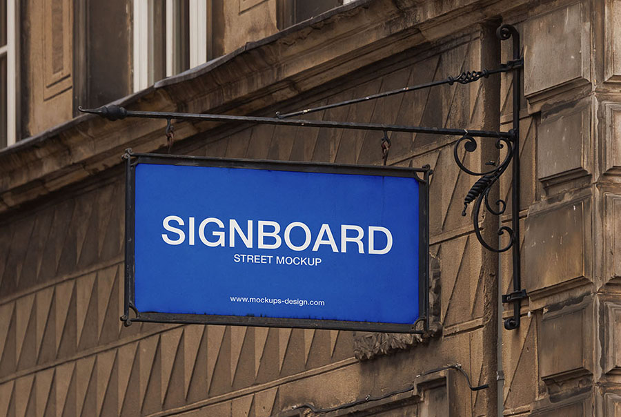 Signboard on old dark building mockup