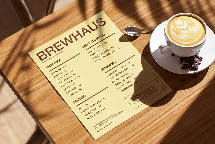 Letter-size coffee shop menu mockup